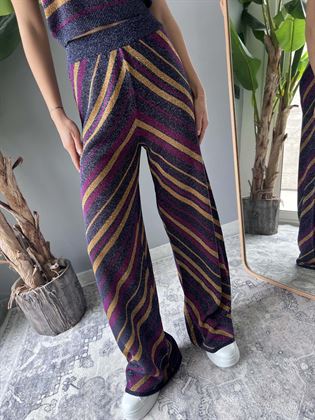 pantaloni righe diagonali filo in lurex viola/blu