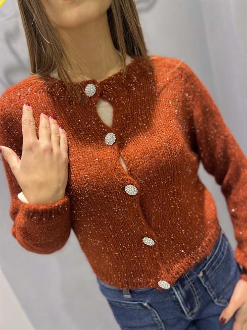 cardigan bottone gioiello rosso con strass