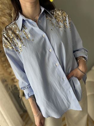 Camicia righe bianca e azzurra con pailettes oro