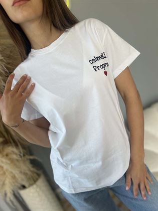  T-Shirt bianca girocollo ricamo calmati proprio