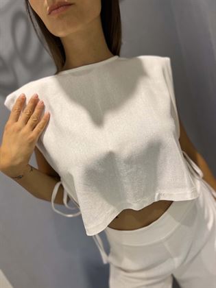 Top lino viscosa bianco con laccetti e spacchi