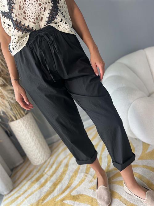 pantalone in mussola di cotone nero con elastico in vita