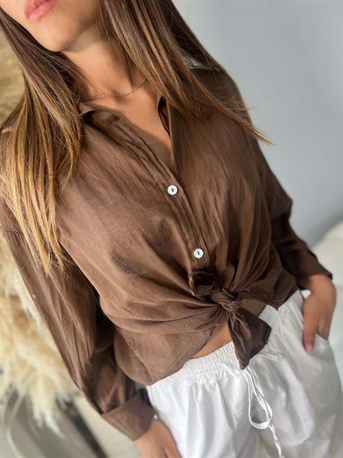 Camicia in mussola di cotone colletto marrone