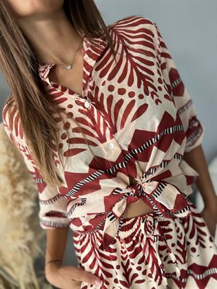 Camicia collo coreano fantasia rossa e panna