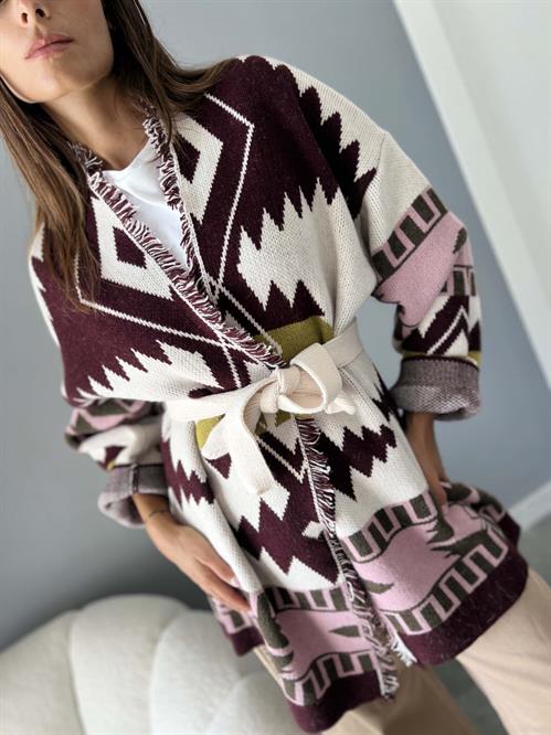cardigan maglia etnica con cintura panna burgundyrosa verde