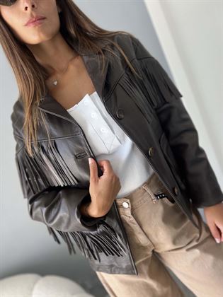 giacca in vera  pelle marrone con frange