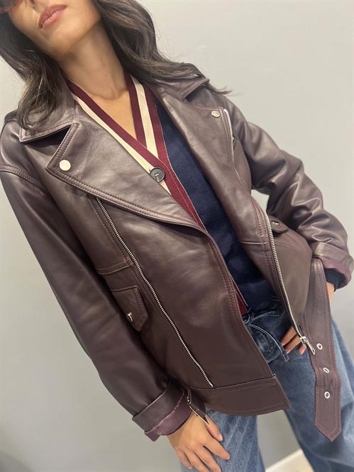 chiodo burgundy vera pelle con cerniera