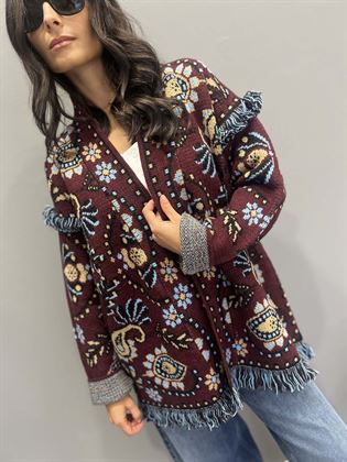 cardigan frange ricamato base burgundy con fiori turchese beige