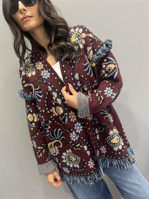 cardigan frange ricamato base burgundy con fiori turchese beige
