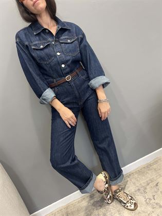 tuta in denim blu con bottoni camicia e cerniera pantalone