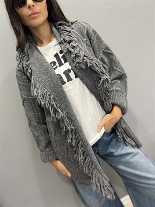 cardigan lavorato con frange grigio melange