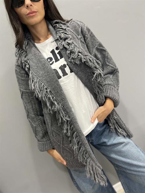 cardigan lavorato con frange grigio melange
