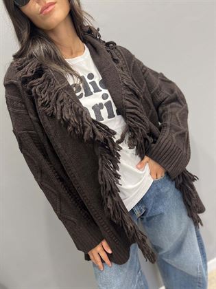 cardigan lavorato con frange marrone cacao
