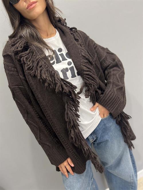 cardigan lavorato con frange marrone cacao