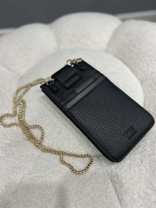  Portafogli e porta cellulare nero tracolla catena oro
