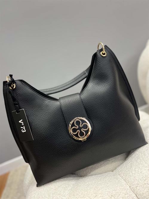 Borsa a mano e sotto braccio nera con logo oro