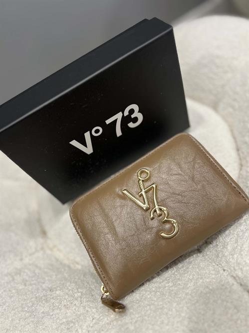  Portafoglio piccolo beige con cerniera e logo dorato