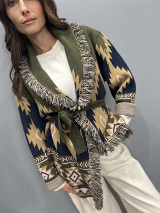 cardigan etnico con cintura verde militare blu rosa