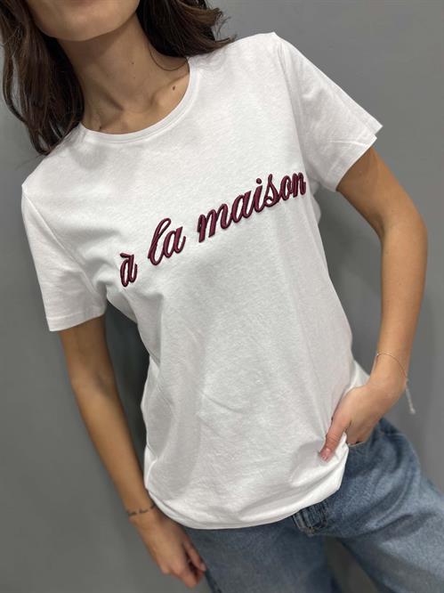 t shirt bianca ricamo burgundy a la maison