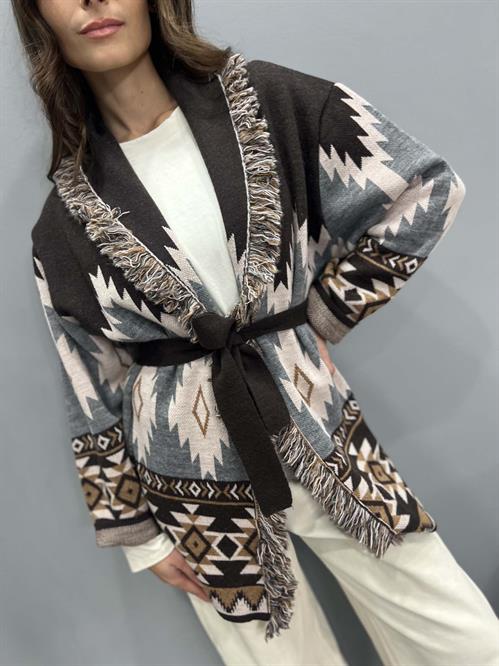 cardigan etnica con cintura grigio marrone rosa
