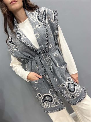 cardigan gilet frange grigio con cintura