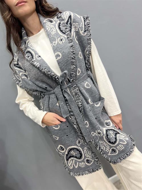cardigan gilet frange grigio con cintura