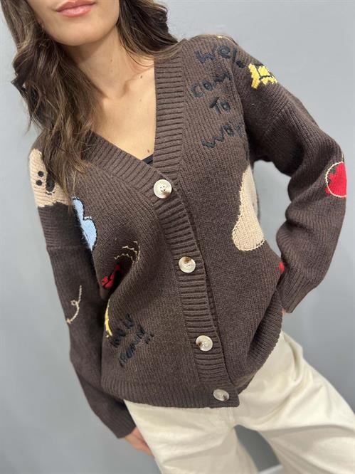 cardigan costine marrone con orsetti e ricami