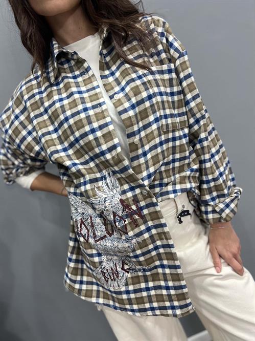 Camicia check beige panna blu scritta revolution