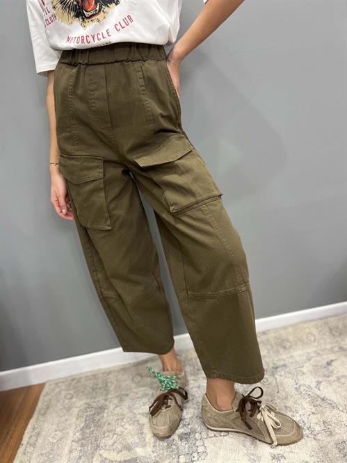 pantalone elastico barrel verde military con tasche