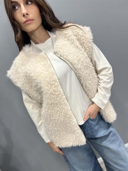 gilet orsetto con cerniera panna e colletto bomber