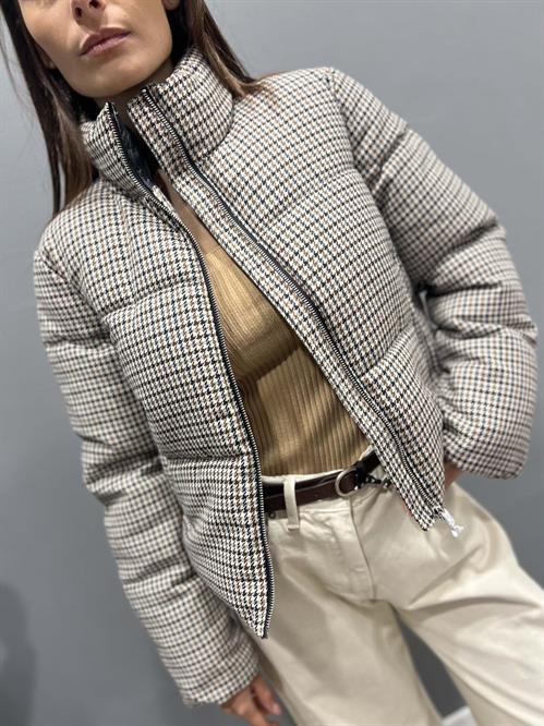 piumino corto in fantasia pied de poule beige nero panna grigio blu