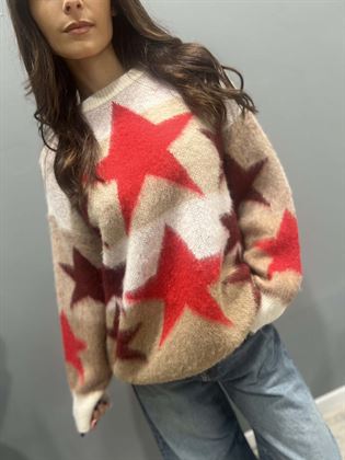 Maglia girocollo stelle beige rosso burgundy