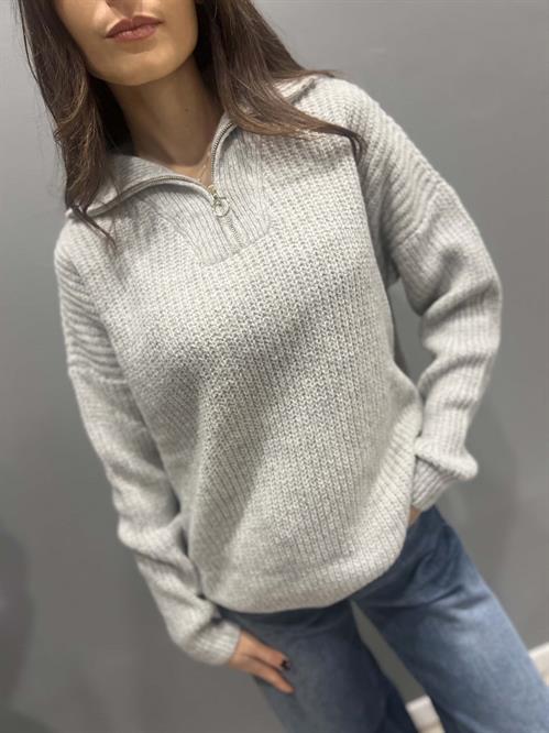 Maglia grigia collo cerniera lupetto filo oro lurex