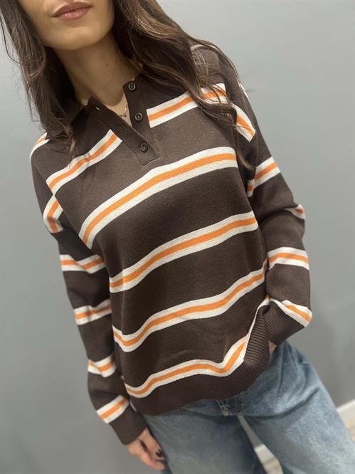 Maglia polo righe marrone bianco e arancio