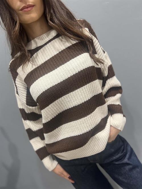 Maglia  rigata marrone e panna riga larga