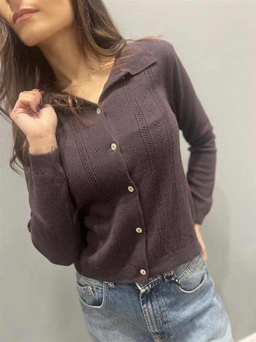 Maglie polo bottonato crochet punzonato marrone cacao in lana