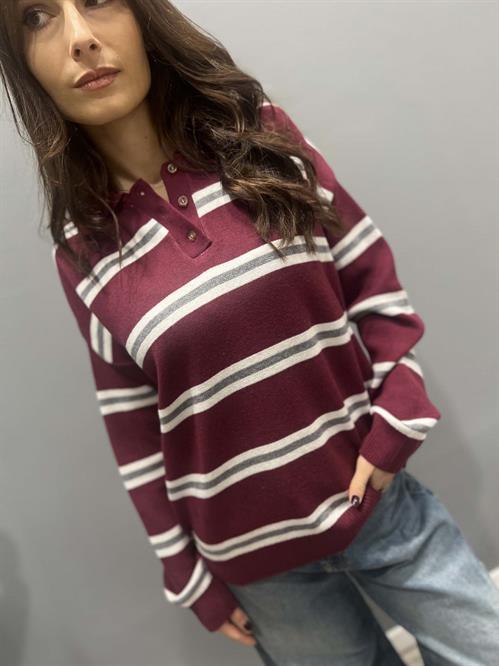 Maglia polo jacquard bottoni righe burgundy grigio bianco