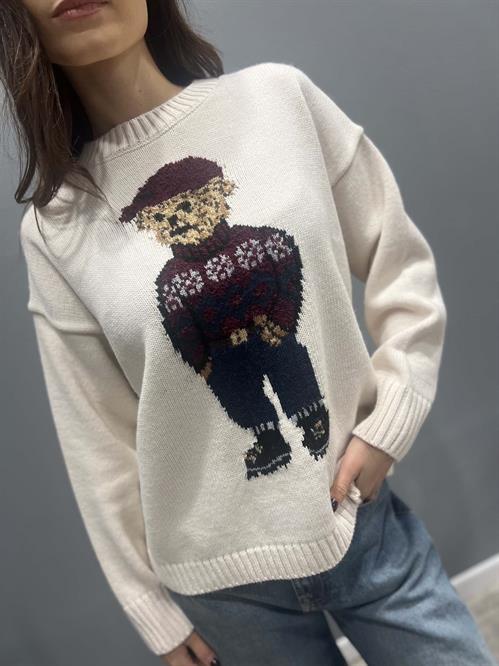 Maglia girocollo panna ricamo orsetto