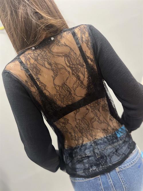 Maglia nero pizzo dietro davanti tinta unita nero girocollo