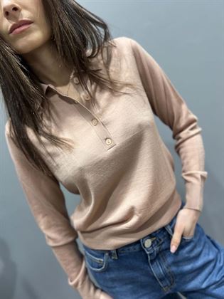 Maglia polo rosa lana merinos leggera