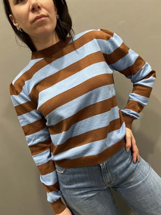 Maglia righe girocollo turchese e tabacco