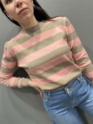 Maglia rigata rosa e beige girocollo