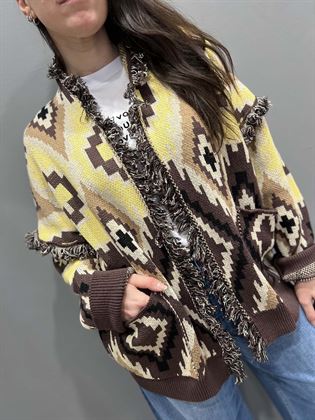 cardigan rombi frange giallo marrone panna