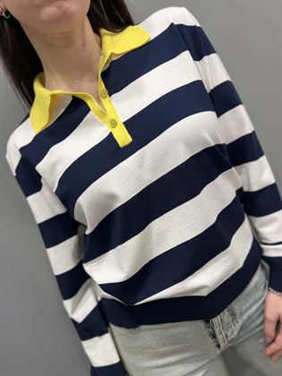 polo rigata bianca e blu colletto giallo