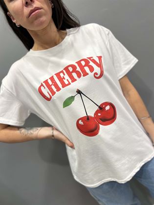  T-Shirt bianca girocollo stampa ciliegie cherry