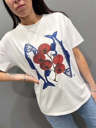  T-Shirt bianca stampata con pesci
