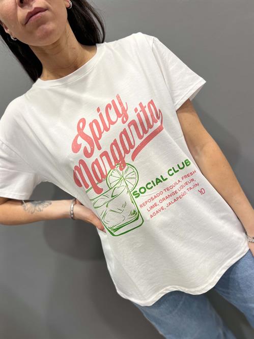  T-Shirt bianca girocollo con stampa margarita spicy