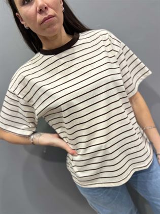  T-Shirt bianca a righe marrone girocollo mezzamanica