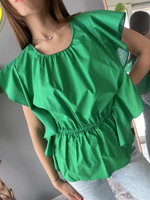  Blusa in cotone verde prato manica volant